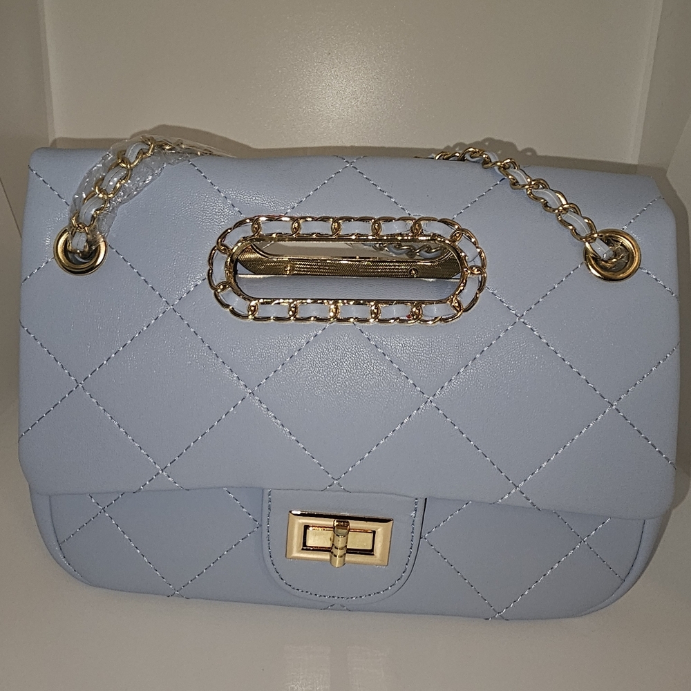 Caleesa Blue Quilted Handbag With Crossbody Chain NWTs